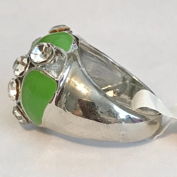Vintage Green Enamel Cocktail Ring Silver Plated Crystal Rhinestone Size 8 Boho - Picture 6 of 10